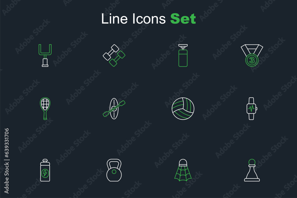 Set line Chess, Badminton shuttlecock, Weight, Fitness shaker, Smart watch with heart, Volleyball ball, Kayak and paddle and Tennis racket icon. Vector Set line Chess, Badminton shuttlecock, Weight, Fitness shaker, Smart watch with heart, Volleyball ball, Kayak and paddle and Tennis racket icon. Vector