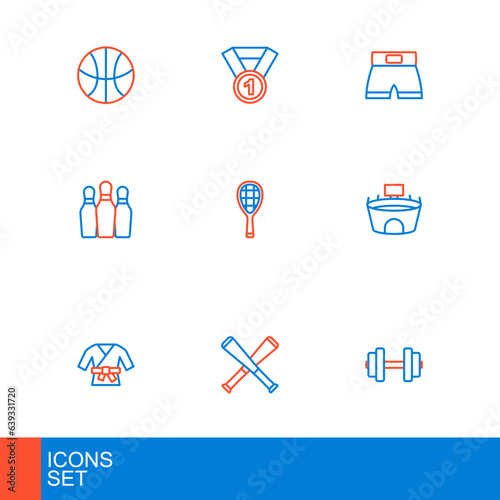 Set line Dumbbell, Crossed baseball bat, Kimono, Stadium, Bowling pin, Tennis racket, Boxing short and Medal icon. Vector