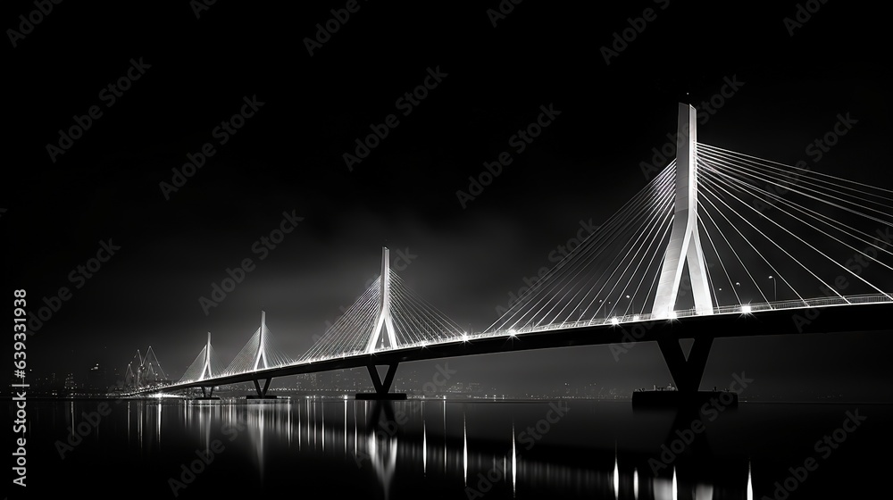 Obraz premium a bridge that is over water with lights on at night. generative ai