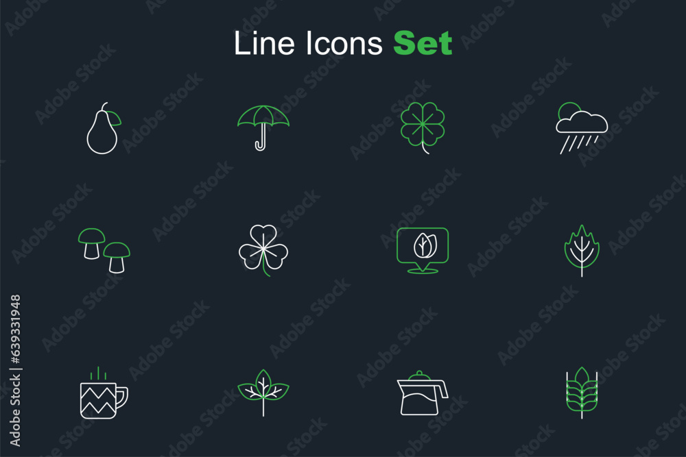 Set line Wheat, Teapot, Winter hat, Cup of tea, Leaf, Location with leaf, Clover and Mushroom icon. Vector Set line Wheat, Teapot, Winter hat, Cup of tea, Leaf, Location with leaf, Clover and Mushroom icon. Vector