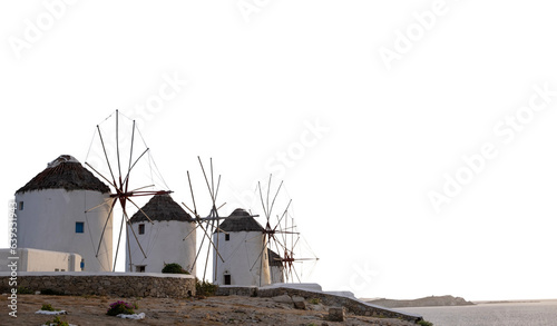 Windmills isolated on white transparent background, Mykonos island, Greece. PNG