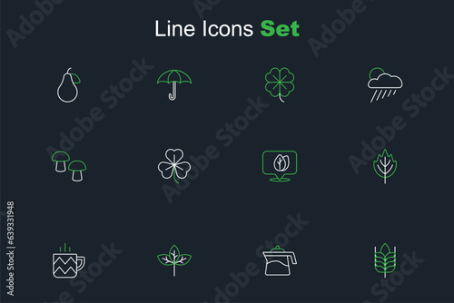 Set line Wheat, Teapot, Winter hat, Cup of tea, Leaf, Location with leaf, Clover and Mushroom icon. Vector
