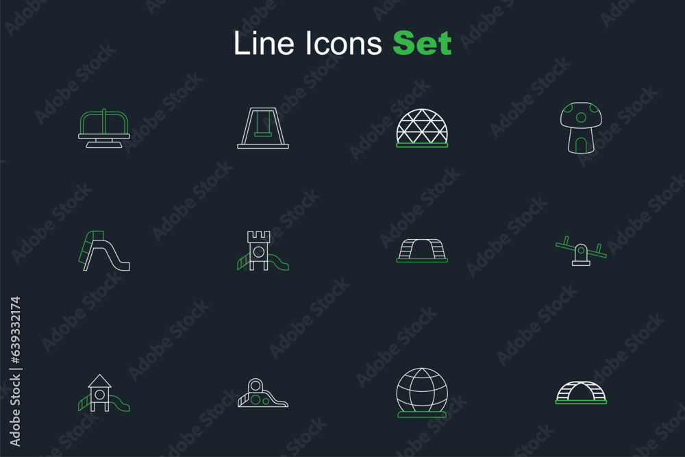 Set line Monkey bar, Playground climbing equipment, Slide playground, Seesaw, and icon. Vector Set line Monkey bar, Playground climbing equipment, Slide playground, Seesaw, and icon. Vector