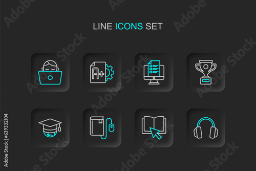 Set line Headphones, Online book, Electronic with mouse, Graduation cap globe, Award cup, quiz, test, survey, Exam sheet plus grade and Student working laptop icon. Vector