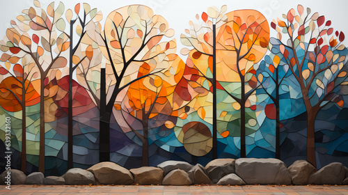 Fall autumn mural on building - peak leaves - colorful style 