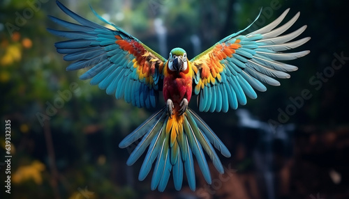 Fototapeta Naklejka Na Ścianę i Meble -  flying macaw parrot in jungle made with generative AI
