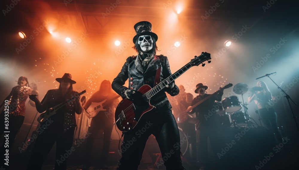 Photo of a musician with a skull face playing a guitar