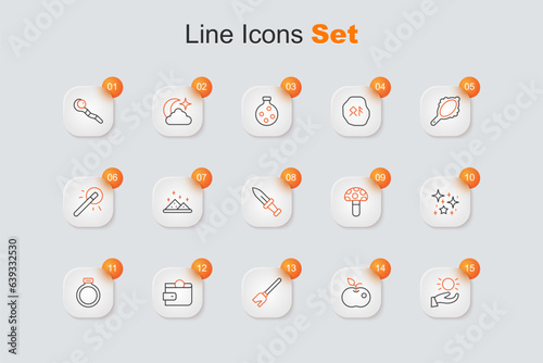 Set line Ball levitating above hand, Poison apple, Witches broom, Wallet, Magic stone ring, Magical glitter particles, Psilocybin mushroom and Dagger icon. Vector