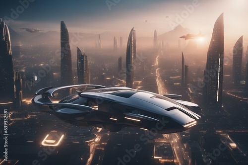 Luxury car in futuristic city and flying new modern technology car above the city. Skyline and future buildings.