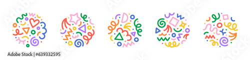 Fun colorful line doodle shape circle set. Creative minimalist style art symbol collection for children or party celebration with basic shapes. Simple upbeat childish drawing scribble decoration.