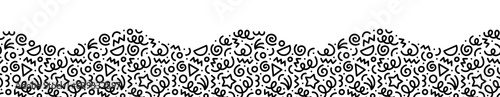 Fun black and white line doodle wave seamless pattern. Creative style art background for children or trendy design with basic shapes. Simple party confetti , childish scribble shape backdrop.