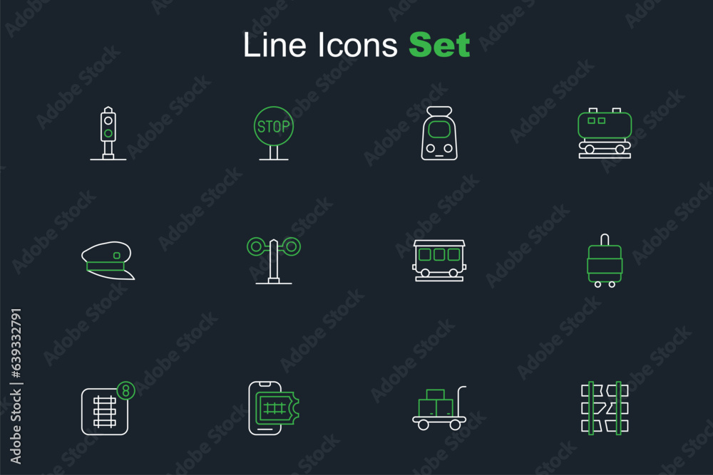 Set line Broken or cracked railway, Trolley suitcase, Online ticket booking, Suitcase, Passenger train cars, Train traffic light and driver hat icon. Vector Set line Broken or cracked railway, Trolley suitcase, Online ticket booking, Suitcase, Passenger train cars, Train traffic light and driver hat icon. Vector
