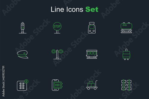 Set line Broken or cracked railway, Trolley suitcase, Online ticket booking, Suitcase, Passenger train cars, Train traffic light and driver hat icon. Vector © Iryna