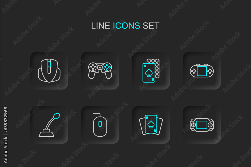 Set line Portable video game console, Playing cards, Computer mouse, Microphone, Game controller joystick and icon. Vector