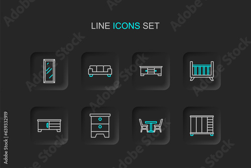 Set line Wardrobe, Table with chair, Furniture nightstand, TV table, Baby crib cradle bed, Sofa and Big full length mirror icon. Vector