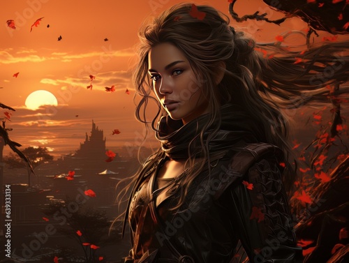 Portrait of epic warrior woman at sunset AI