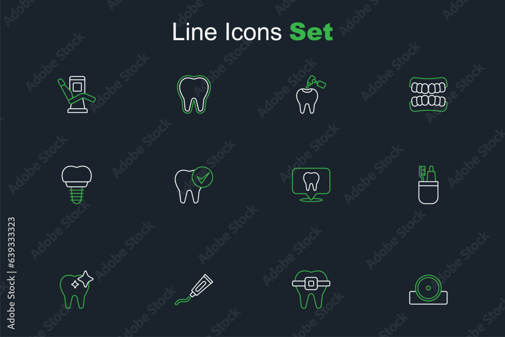 Set line Otolaryngological head reflector, Teeth with braces, Tube of toothpaste, Tooth whitening, Toothbrush and, Dental clinic location, and implant icon. Vector Set line Otolaryngological head reflector, Teeth with braces, Tube of toothpaste, Tooth whitening, Toothbrush and, Dental clinic location, and implant icon. Vector