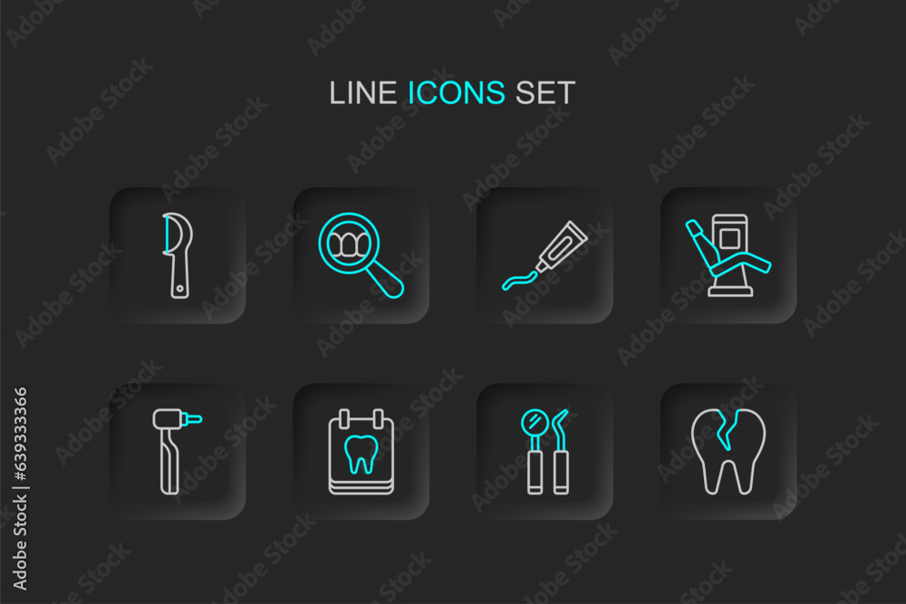 Set line Broken tooth, Dental mirror and probe, Calendar with, Tooth drill, Medical dental chair, Tube of toothpaste, search and floss icon. Vector Set line Broken tooth, Dental mirror and probe, Calendar with, Tooth drill, Medical dental chair, Tube of toothpaste, search and floss icon. Vector