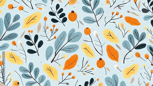  a pattern of leaves and berries on a blue background with oranges and browns. generative ai