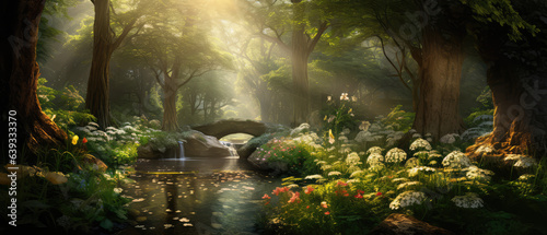 Beautiful fairy tale enchanted forest  magical fantasy scenery with big trees and greenery.