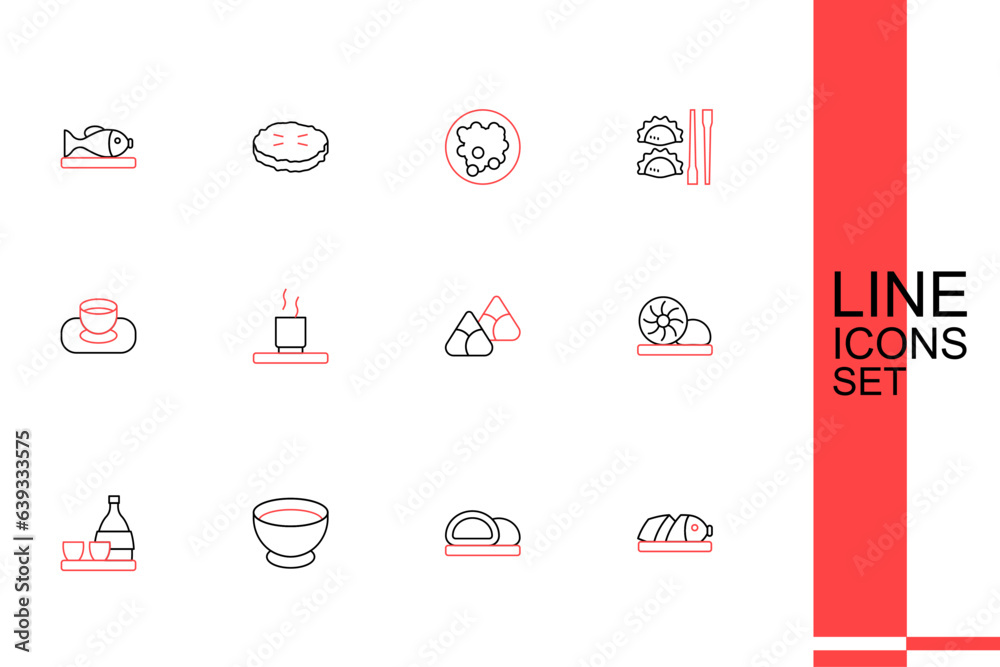 Set line Fish with sliced pieces, Sushi, Soy sauce in bowl, Bottle of sake, Xiao long bao, Zongzi bamboo steamer, Cup and icon. Vector Set line Fish with sliced pieces, Sushi, Soy sauce in bowl, Bottle of sake, Xiao long bao, Zongzi bamboo steamer, Cup and icon. Vector
