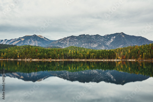 lake reflection in the mountains, Lake Eibsee, Bavaria, Germany, autumn, fall