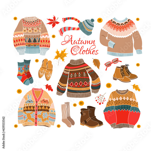 Autumn clothes vector set flat. Sweater, boots, scarf and accessories. Warm pulover and shoes with lettering.