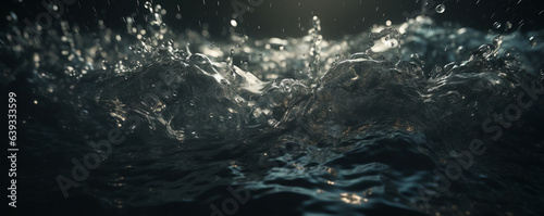 Dynamic sunlight water cover photo with banner space, dark with water rolling and waves crashing with black background, Hero image web banner with room for text © PK