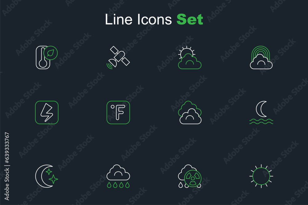 Set line Sun, Acid rain radioactive cloud, Cloud with, Moon and stars, Night fog or smoke, Fahrenheit and Lightning bolt icon. Vector