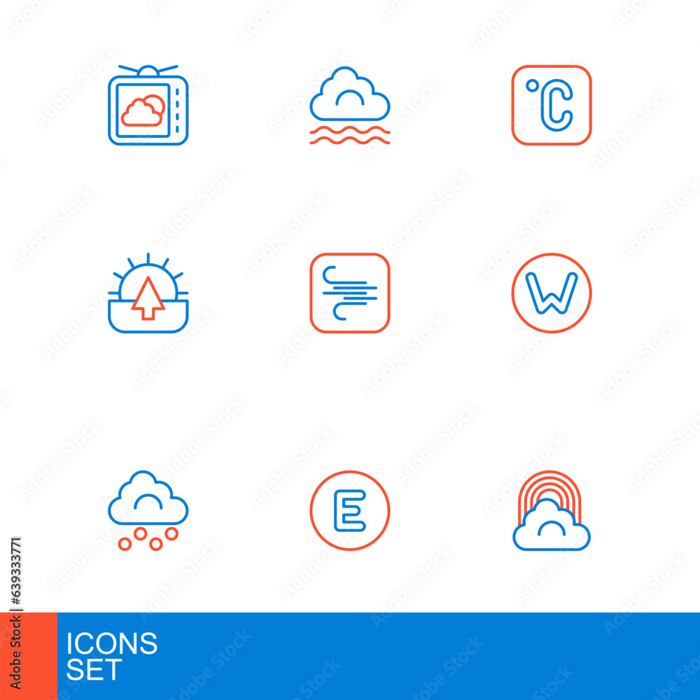 Set line Rainbow with cloud, Compass west, Hail, north, Sunrise, Wind, Celsius and Fog and icon. Vector