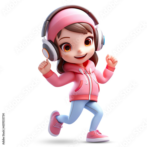 3D cute girl character dancing through headphones