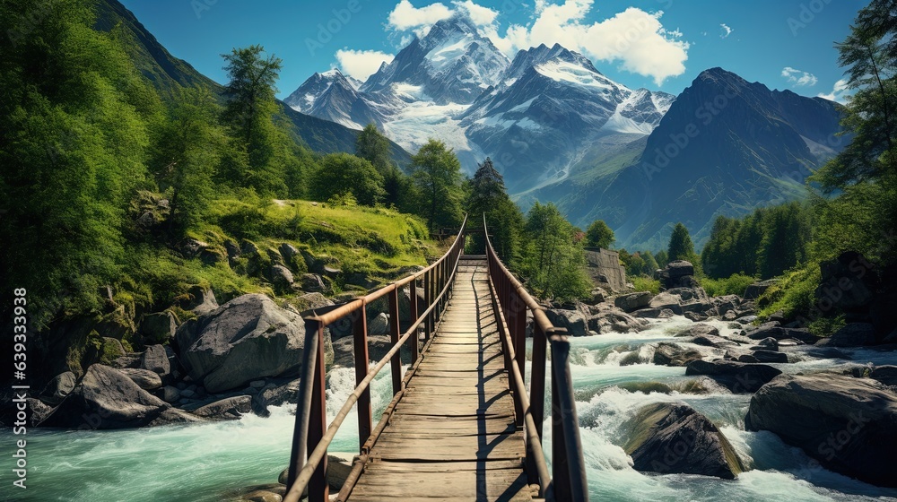  a wooden bridge over a river with mountains in the background.  generative ai