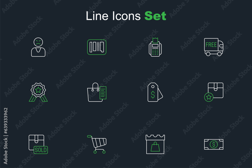 Set line Stacks paper money cash, Shopping day, cart, Sold, Carton cardboard box, Price tag with dollar, list and Stars rating icon. Vector