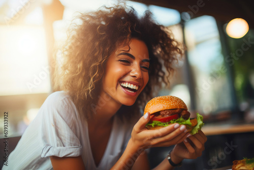 Gourmet Burger Delight  Woman Savoring Every Bite
