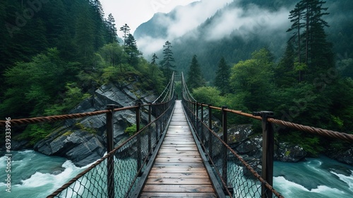  a suspension bridge over a river in a forest with mountains in the background.  generative ai