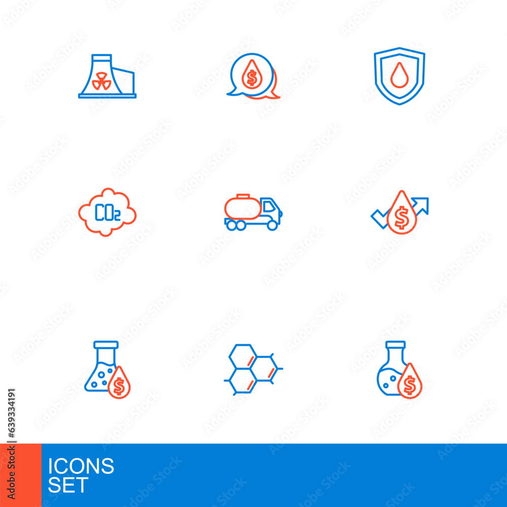 Set line Oil petrol test tube, Molecule oil, price increase, CO2 emissions cloud, Tanker truck, drop shield and with dollar symbol icon. Vector Set line Oil petrol test tube, Molecule oil, price increase, CO2 emissions cloud, Tanker truck, drop shield and with dollar symbol icon. Vector