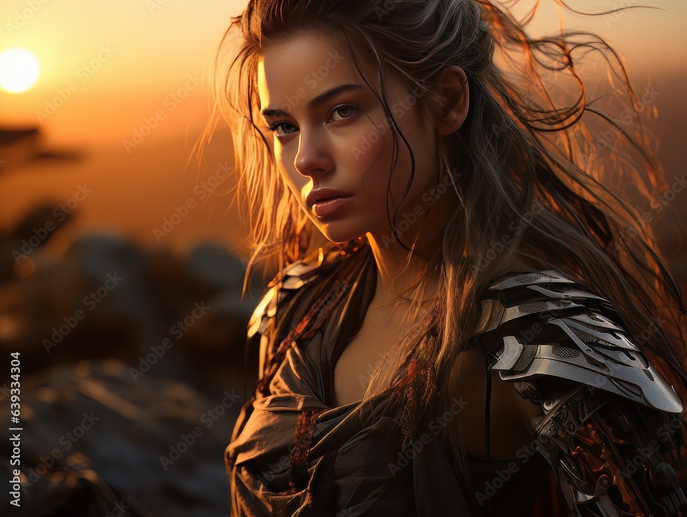 Portrait of epic warrior woman at sunset AI