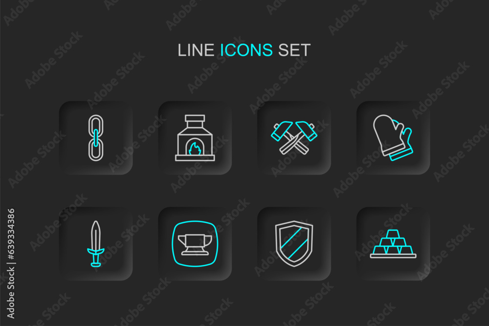 Set line Gold bars, Shield, Blacksmith anvil tool, Medieval sword, Protective gloves, Crossed hammer, oven and Chain link icon. Vector
