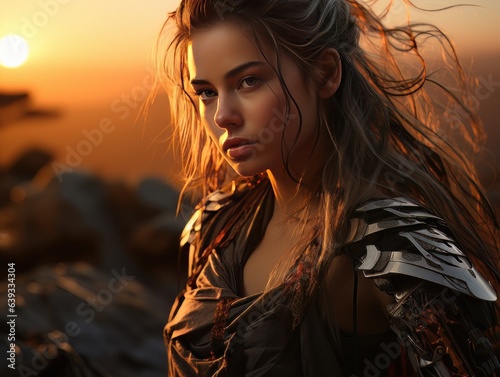 Portrait of epic warrior woman at sunset AI