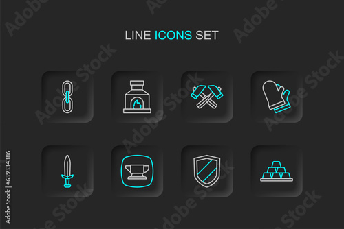 Set line Gold bars, Shield, Blacksmith anvil tool, Medieval sword, Protective gloves, Crossed hammer, oven and Chain link icon. Vector © Iryna