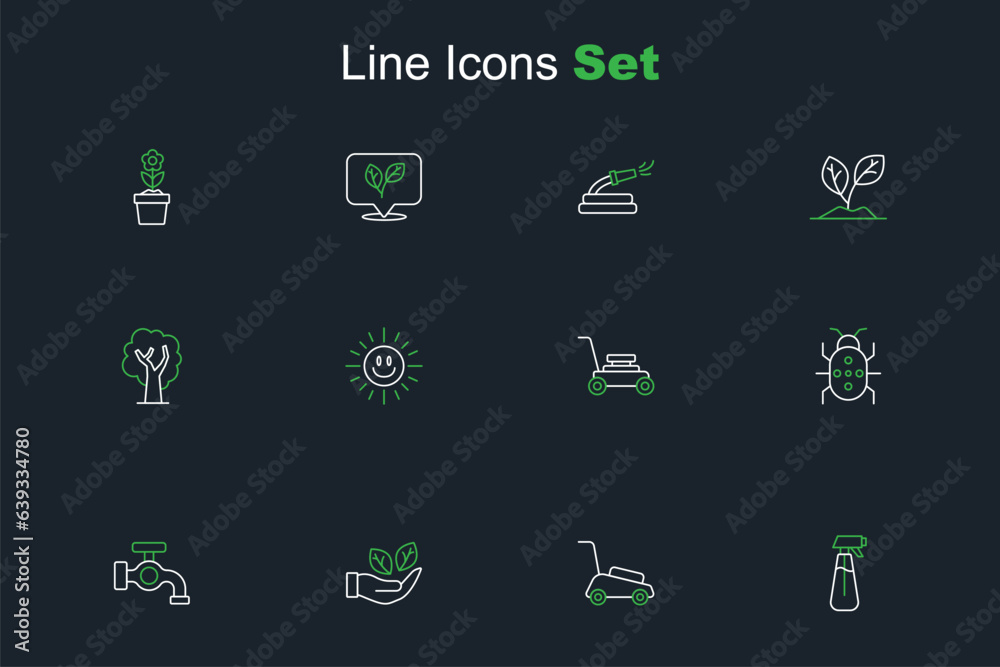 Set line Garden sprayer for water, Lawn mower, Leaf in hand, Water tap, Colorado beetle, Sun and Tree icon. Vector Set line Garden sprayer for water, Lawn mower, Leaf in hand, Water tap, Colorado beetle, Sun and Tree icon. Vector