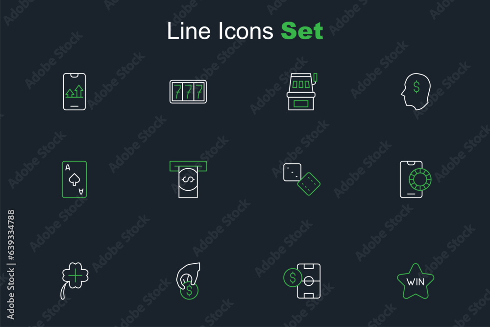 Set line Casino win, Football betting money, Hand holding casino chips, slot machine with clover, Online sports, Game dice, Automated teller and Playing card spades symbol icon. Vector Set line Casino win, Football betting money, Hand holding casino chips, slot machine with clover, Online sports, Game dice, Automated teller and Playing card spades symbol icon. Vector