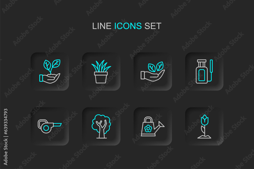 Set line Flower tulip, Watering can, Tree, Leaf garden blower, Garden sprayer for water, hand, Plant pot and icon. Vector