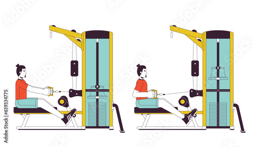 Muscle building with seated row machine flat line vector spot illustration. Gym guy 2D cartoon outline character on white for web UI design. Strengthening exercises editable isolated color hero image