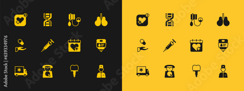 Set Lungs, Emergency call 911, Doctor appointment, Dental implant, Syringe, Blood pressure, Mobile with heart rate and DNA symbol icon. Vector