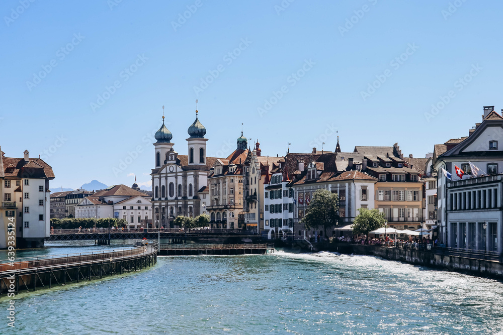 Obraz premium Lucerne, Switzerland - August 10, 2023: View of downtown Lucerne in Switzerland on a sunny summer day
