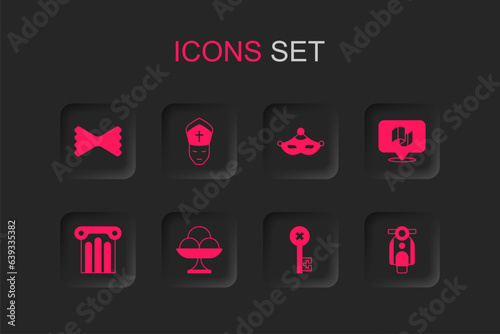 Set Ice cream in the bowl, Pope, Macaroni, Old key, Flag Italy, Scooter, Carnival mask and Ancient column icon. Vector