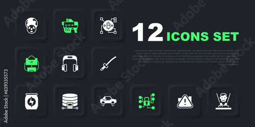 Set Exclamation mark in triangle, Hologram, Headphones, Cyber security, Cloud database, Futuristic weapon and Fantastic flying car icon. Vector