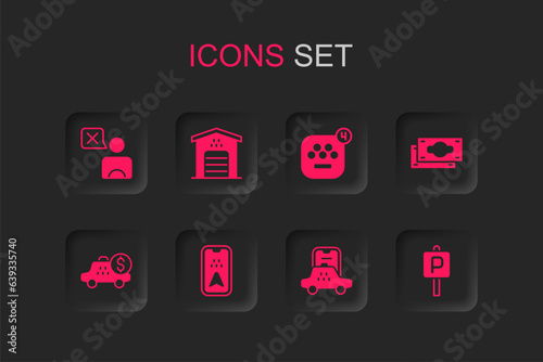 Set Infographic of city map, Garage for taxi car, Taxi driver, mobile app, Stacks paper money cash, Parking, and Taximeter device icon. Vector