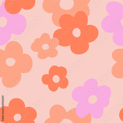 1970 Daisy Naive groovy seamless pattern. Doodle boho background of natural tones. Contemporary trendy backgrounds for kids. Scandinavian nursery print